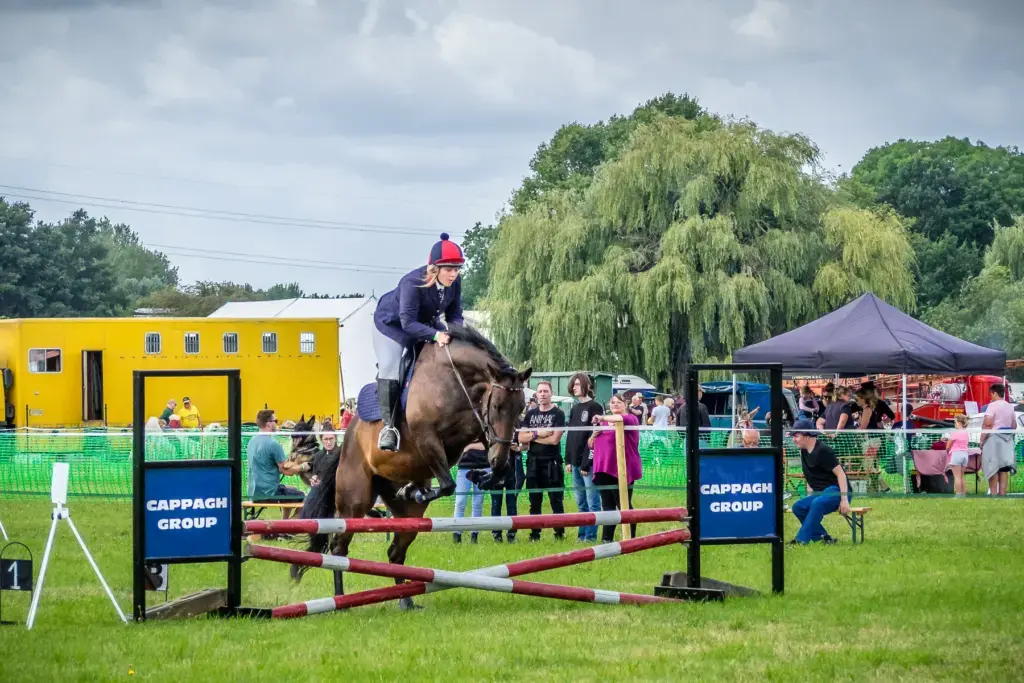 A horse and rider clearing a jump on the show jumping course